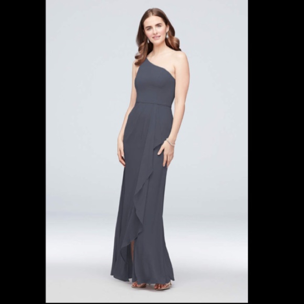 David’s Bridal, One-Shoulder Chiffon Bridesmaid Dress With Cascade (Pewter)